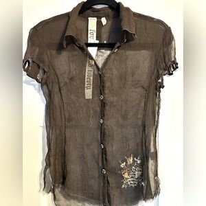 NWT JOHNNY WAS For LOVE and LIBERTY Sheer Silk Crinkle gold foil graphic shirt S